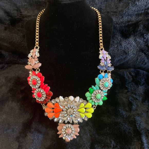Natasha Signed Jeweled Multi Colored Flowers Statement Piece Necklace - Picture 1 of 6